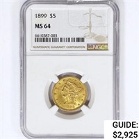 1899 $5 Gold Half Eagle NGC MS64