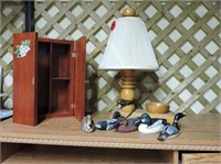 Sm Wood Cabinet, Wood Lamp, Carved Ducks