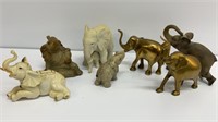 7 elephant figurines, 2 brass, porcelain &
