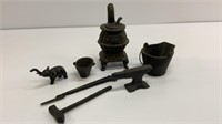 Mini cast iron items: pot belly stove, coal