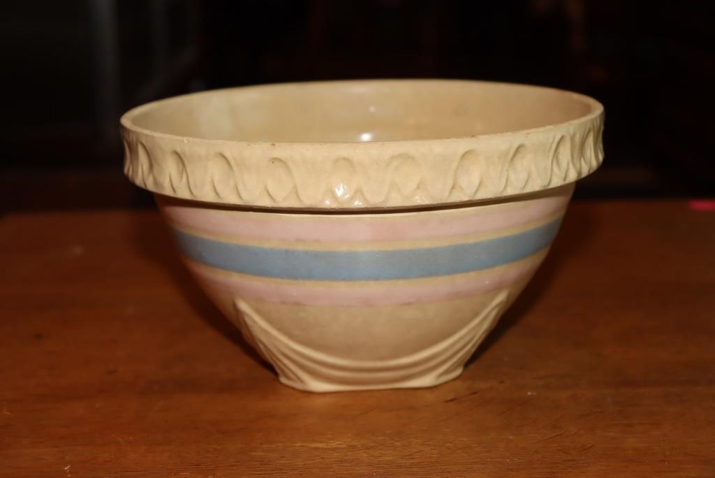 Yellow ware bowl with pink and blue bands marked