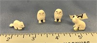 Lot of 4, tiny white ivory carvings of 2 owls, a b