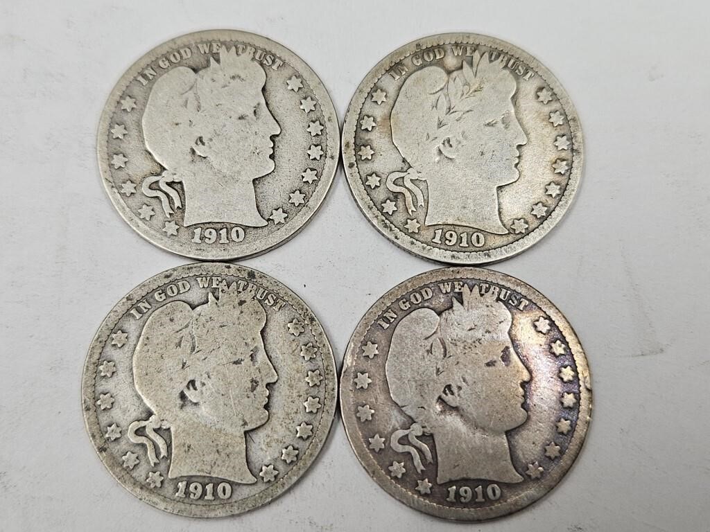 1910 Silver Barber Quarter 4 Coins
