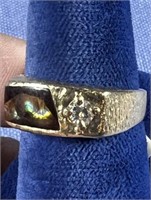 MENS 14K RING WITH AMMONITE OR OPAL LIKE STONE