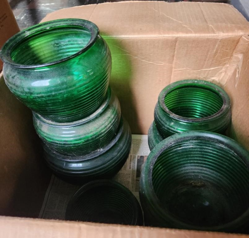 8 green glass planters