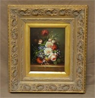 Floral Oil on Canvas in Ornate Frame.