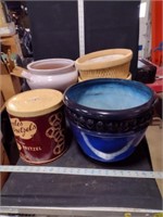 Two Lrg Ceramic Platers, Wood Baskets, Pretzel Tin