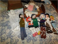 Handmade Dolls lot of 9 and Wooden Doll Bed