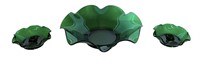 Green Glass Bowl & Candle Holders