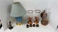 Lamp with shade, oil lamp, candle holders