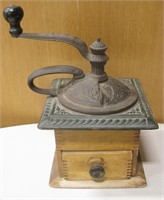 Vtg Cast Iron w/ Wood Cabinet Coffee Mill & Drawer