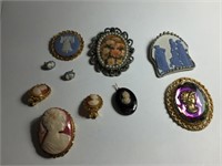 CAMEO BROOCHES & EARRING LOT, WEDGWOOD, ETC, NOTE: