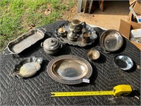 LOT- Silver trays. Pitchers. Sugars. Creamers- all
