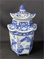 Vintage Asian blue & white porcelain pagoda jar