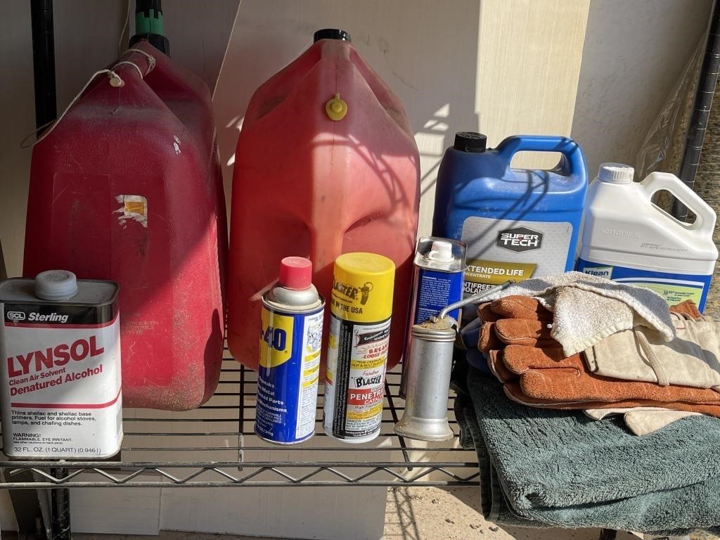 Two Oil Cans, Paint Thinner, Gloves, Antifreeze,