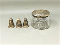 Sterling items - 3 Salts & lidded jar