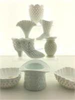 Assorted Fenton milk glass & hobnail vases &