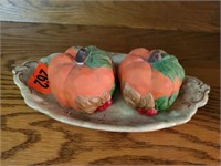 Antique platter, pumpkin salt & pepper shaker set