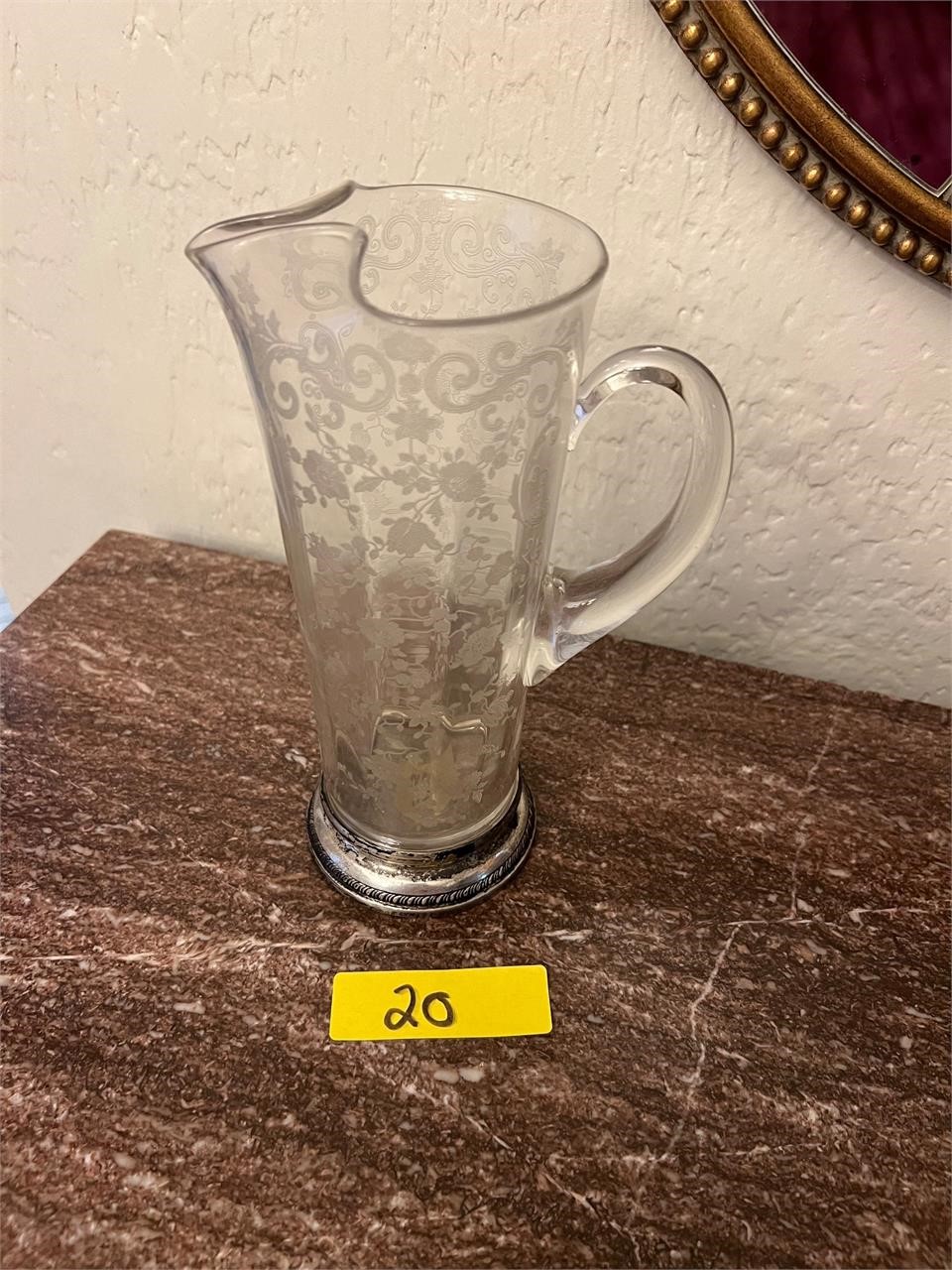 Etched glass pitcher with sterling base