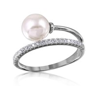 Sterling Silver Created Pearl Crystal Modern Ring