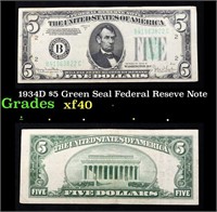 1934D $5 Green Seal Federal Reseve Note Grades xf