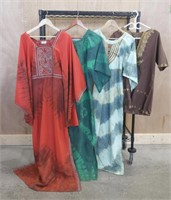 3 JALABIYA-INSPIRED TIE-DYE DRESSES, 1 BROWN SHIRT