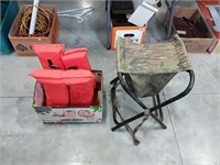 2 life jackets, chair