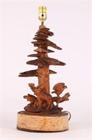 Handcarved Folk Art Lamp  w/ Moose and Eagle by