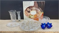 Crystal Serving/Decor Items & Blue Glass Candle
