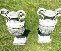 PAIR OF VINTAGE CAST STONE HANDLED URNS