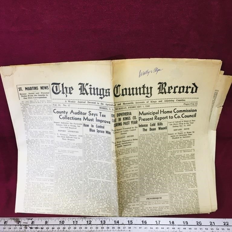 Feb. 1940 Sussex NB Kings County Newspaper