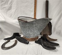 Vintage Galvanized Ash Bucket w/ Shovels, Cast