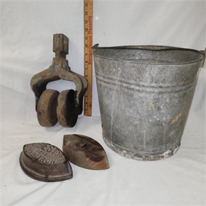 Antique Cast Iron Hay Barn Tool, Metal Bucket