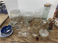 Vintage clear glassware w/ enamel dishes