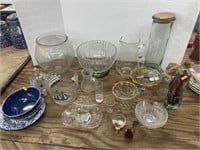 Vintage clear glassware w/ enamel dishes