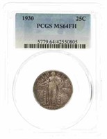 1930 US STANDING LIBERTY 25C SILVER COIN PCGS MS64