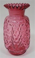 Fenton Cranberry Pinch Bubble Optic Vase 8"