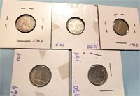 5 OLDER  CANADA 10 CENT COINS