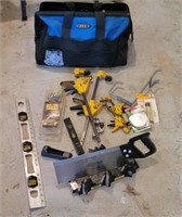 Tool bag, clamps, mitre saw, rasp, etc.