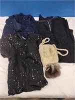 Vintage Black Dress, Fur Purses, & Tops