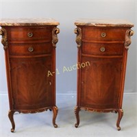 Pair Marble Top Parquetry Inlaid Cabinets