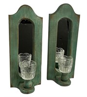 Green Wood Mirrored Wall Candle Holders