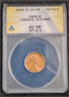 1909 Lincoln Wheat Cent Penny coin ANACS AU58
