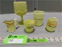 Custard glass pieces; 3 are souvenirs from Racine,