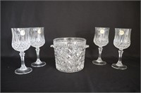 Glass Ice Bucket and 4 Stemmed Glasses