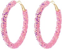 Gold-pl. Rose Glitter Sequins Hoop Earrings
