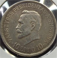 1938 Lithuania 10 Litas coin