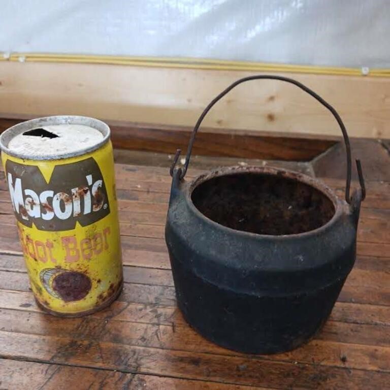 Mason root beer can and small cast iron pot