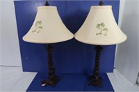 2 Lamps w/Palm Tree Shades/Wooden Base-30"H
