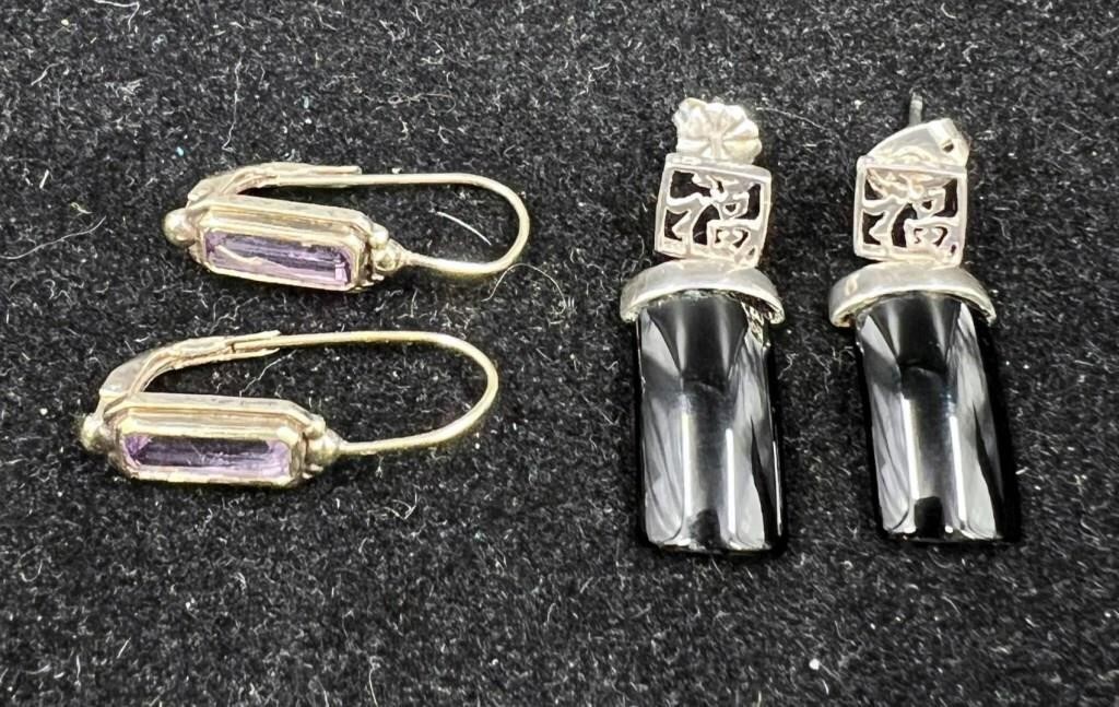 2 Pairs .925 Sterling Earrings - Onyx & Amethyst